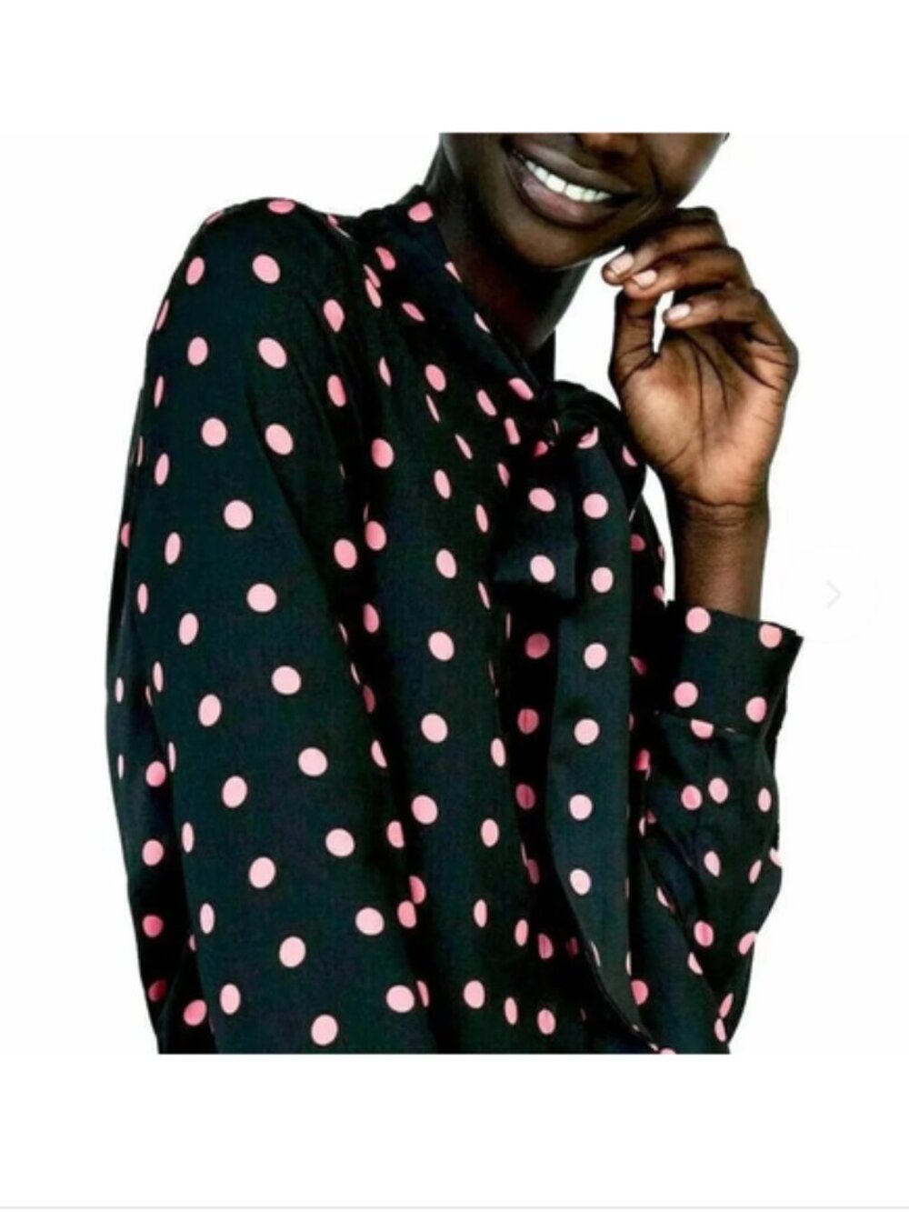 Zara Black With Pink Polka Dot Tie Neck Satin Blouse, XS
